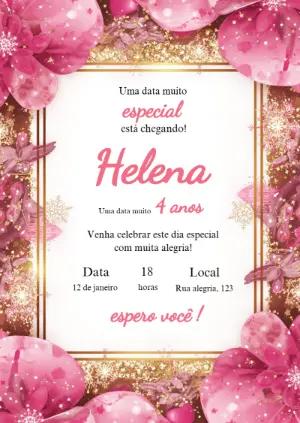 Convite de Aniversário Floral Rosa e Dourado Editável