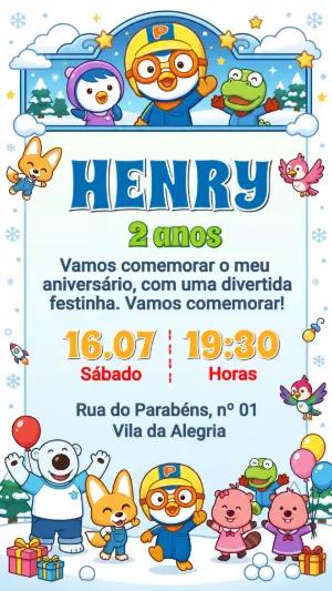 Convite de Aniversário Pororo na Neve Editável para Imprimir