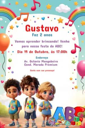 Convite de Aniversário Infantil Tema ABC para Editar Online
