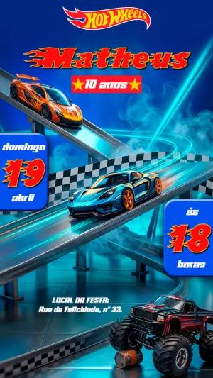 Convite de Aniversário Hot Wheels Carros de Corrida Editável