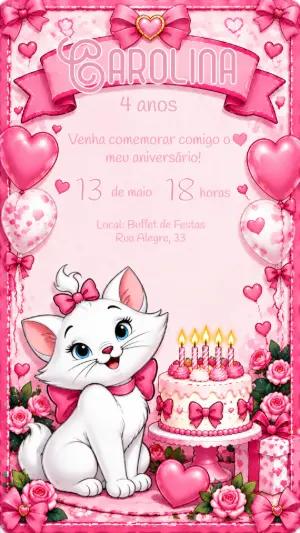 Convite de Aniversário Gatinha Marie Rosa para Editar