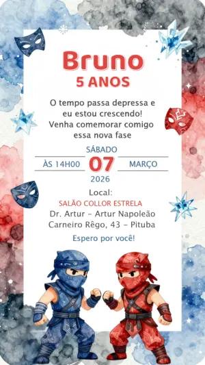 Convite de Aniversário Infantil Tema Ninja Editável