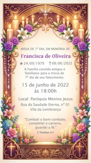 Convite Missa 7º Dia Roxo e Dourado Elegante para Editar