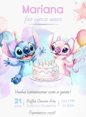 Convite de Aniversário Stitch e Angel Aquarela para Editar