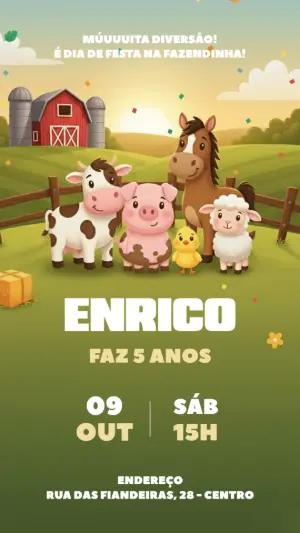 Convite Aniversário Fazendinha com Animais para Editar Online