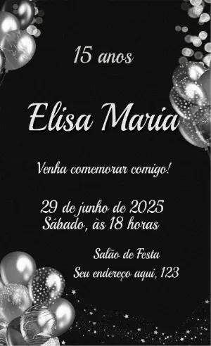 Convite Digital de 15 Anos Elegante Preto e Prata para Editar