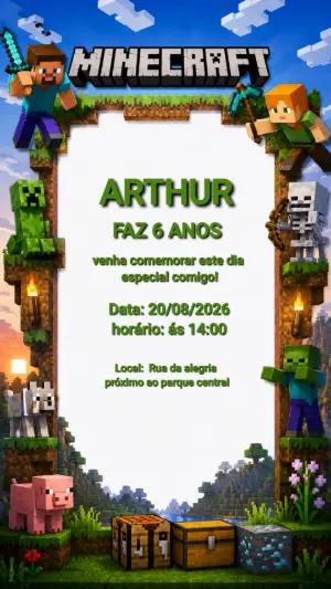 Convite de Aniversário Minecraft Editável para Festa Infantil