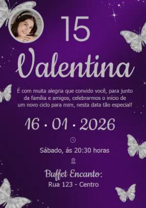 Convite de 15 Anos Roxo com Borboletas Prata Editável