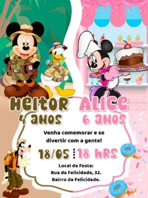 Convite de Aniversário Duplo Mickey e Minnie para Editar Online