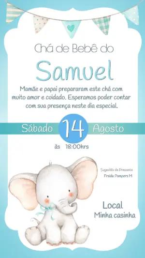 Convite de Chá de Bebê Elefantinho Azul Modelo Editável