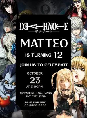 Editable Death Note Anime Birthday Invitation Template