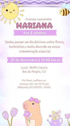 Convite de Aniversário Capivara Fofa Lilás Modelo Editável