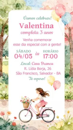 Convite Aniversário Menina Bicicleta Aquarela para Editar