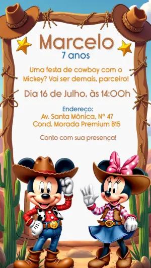 Convite Aniversário Mickey e Minnie Cowboy para Editar Online