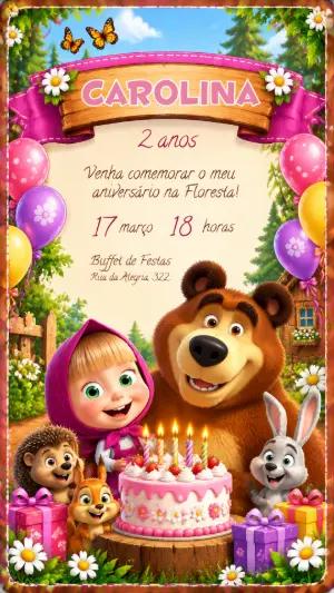 Convite de Aniversário Masha e o Urso Editável para Menina