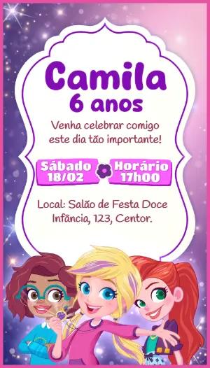 Convite Polly Pocket Aniversário Infantil Editável Roxo