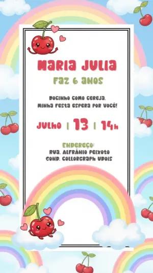 Convite Aniversário Cereja e Arco-íris para Editar Online