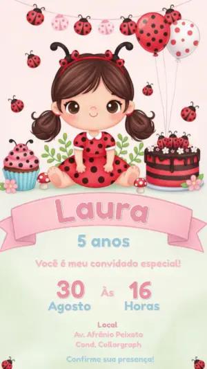 Convite Digital Aniversário Infantil Tema Joaninha Editável