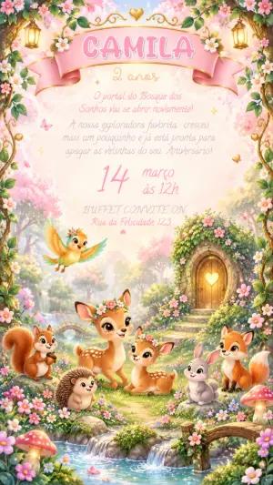 Convite Editável Aniversário Menina Tema Bosque Encantado