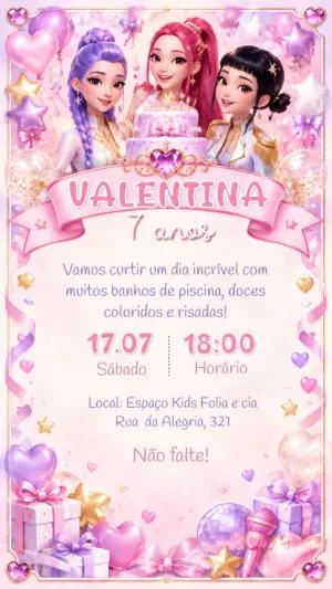 Convite de Aniversário K-pop Guerreiras Editável para Festa