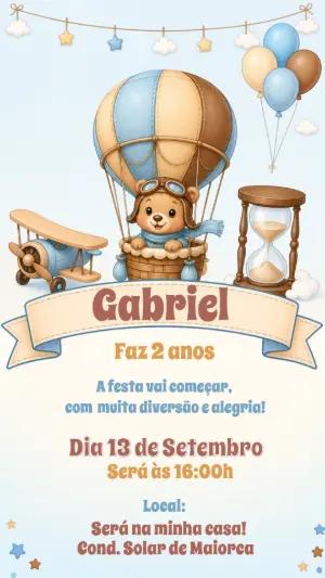 Convite Aniversário Ursinho Aviador e Balão Editável