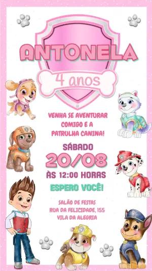 Convite de Aniversário Patrulha Canina Rosa Modelo Editável