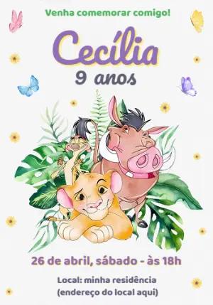 Convite Aniversário Rei Leão Aquarela para Editar Online
