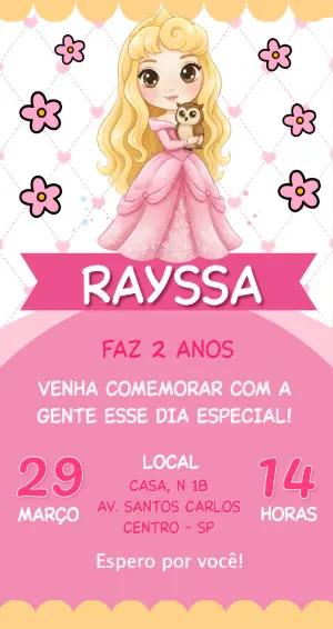 Convite de Aniversário Princesa Aurora Fofo Rosa para Editar