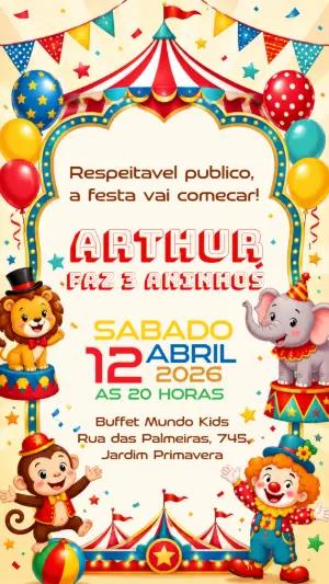 Convite de Aniversário Circo Menino Colorido para Editar