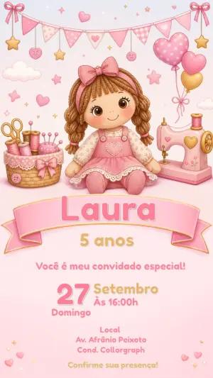 Convite de Aniversário Boneca de Pano para Editar