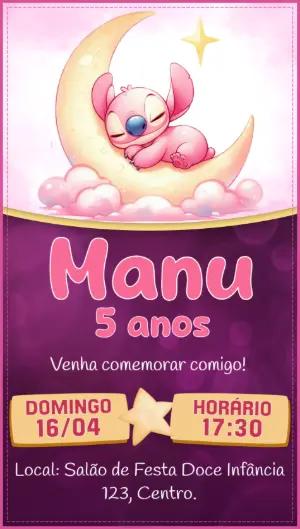 Convite Aniversário Stitch Angel Rosa para Editar Online