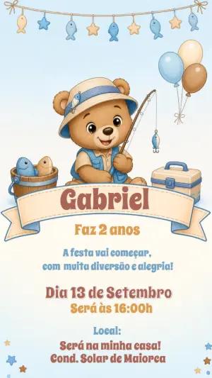 Convite de Aniversário Ursinho Pescador Digital para Editar