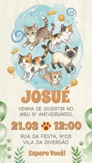 Convite de Aniversário Gatinhos Aquarela Modelo Editável