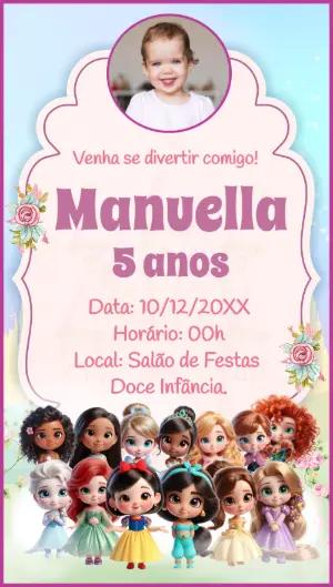Convite de Aniversário Princesas Cute com Foto para Editar