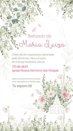 Convite de Batizado Floral Aquarela para Editar