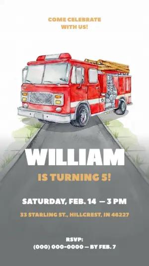 Fire Truck Birthday Invitation | Editable Watercolor Template