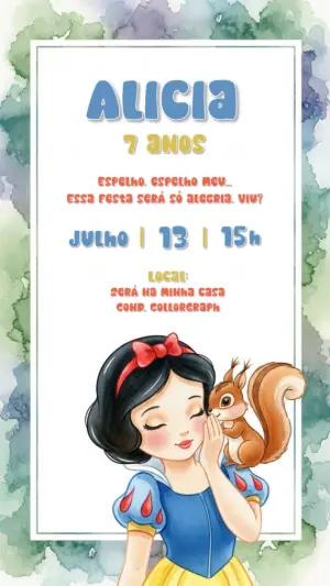 Convite Aniversário Branca de Neve Aquarela para Editar Online