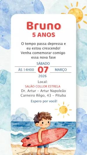 Convite Aniversário Infantil Tema Surf Aquarela para Editar