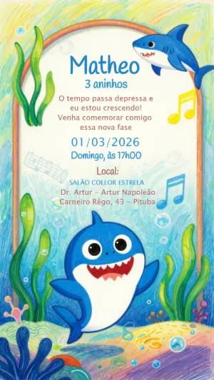Convite de Aniversário Infantil Baby Shark Colorido para Editar