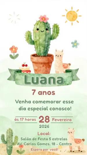 Convite de Aniversário Cactos e Lhamas Fofo para Editar