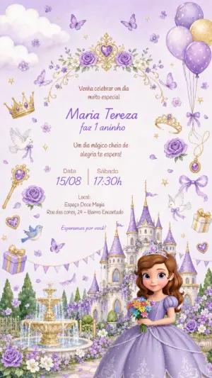 Convite Digital Aniversário Princesa Sophia Lilás Editável