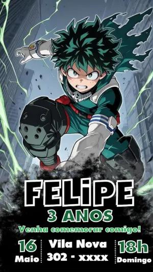 Convite de Aniversário Boku no Hero Editável com Deku