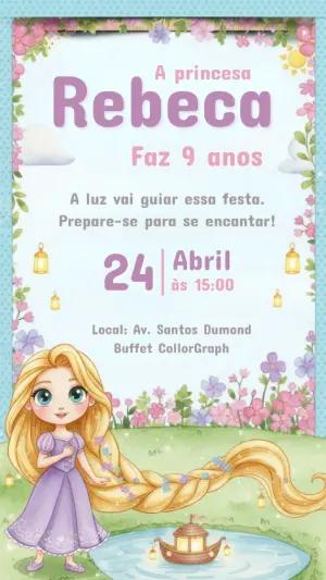 Convite de Aniversário Rapunzel Estilo Aquarela para Editar