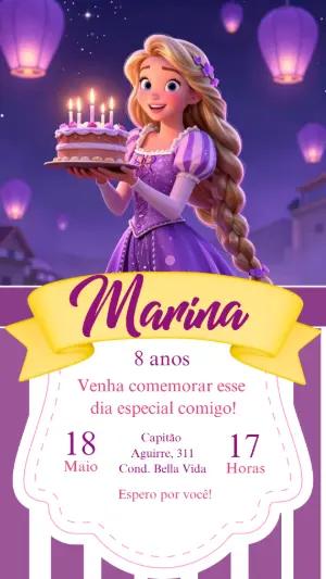 Convite de Aniversário Rapunzel Enrolados Roxo para Editar