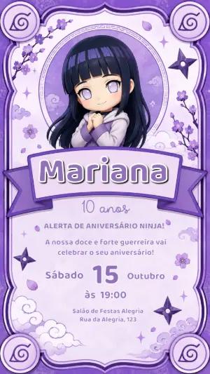 Convite de Aniversário Hinata Naruto Roxo Modelo Editável