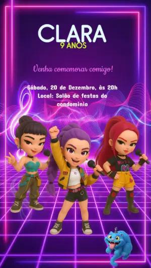 Convite Digital Festa Guerreiras do Kpop para Meninas