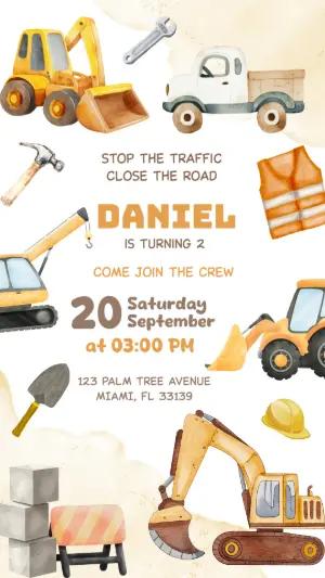Construction Birthday Party Invitation Template to Edit
