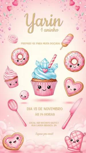 Convite Aniversário Mundo dos Doces Editável para Imprimir