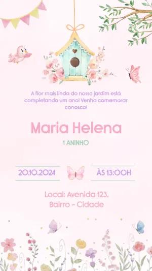 Convite Aniversário Infantil Jardim dos Pássaros Editável
