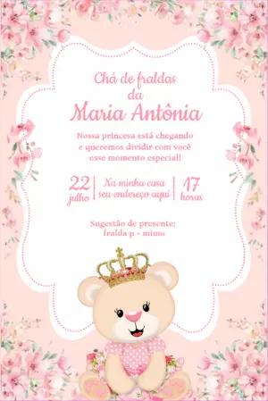 Convite Chá de Fraldas Ursinha Princesa Floral para Editar Online